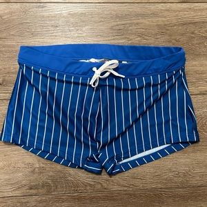 Men’s Blue and White Striped Square Cut Swim Trunks by 2XIST